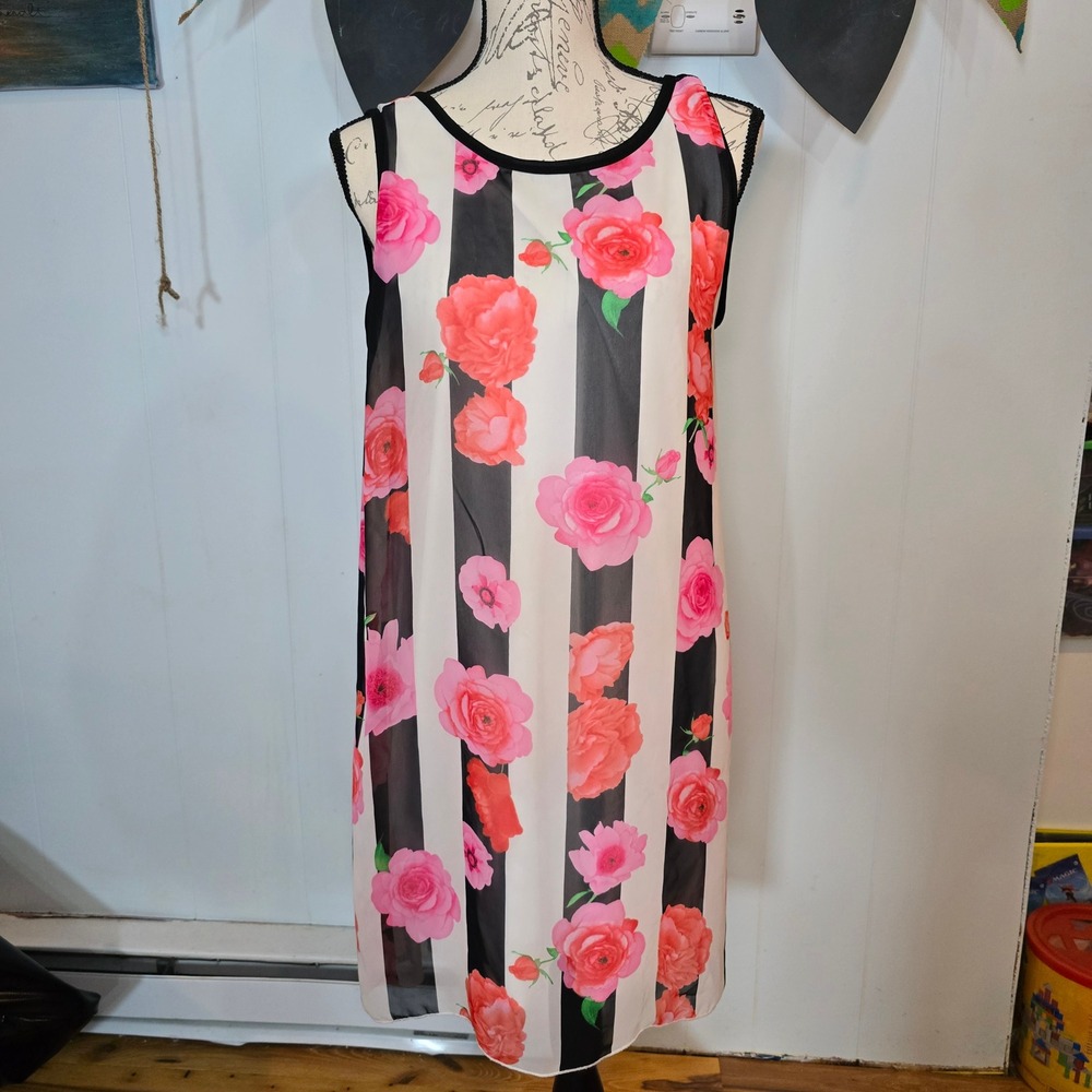 Gabriella Rocha Women Large Floral Striped Shift Dress Back Bow Pink Black White